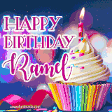 A festive animated GIF featuring a colorful cupcake with a single lit candle, sprinkles, and 'Happy Birthday Ramel' text against a sparkling, celebratory background.