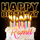 A vibrant animated GIF featuring a delicious birthday cake topped with glowing candles and the name 'Ramel' in elegant script, and the words 'Happy Birthday' on the black background.