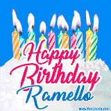 A cheerful animated GIF featuring colorful lit birthday candles on a white cake, with the text 'Happy Birthday Ramello' in bold red and blue script on a bright blue background.
