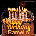 A rich chocolate cake topped with glowing birthday candles and surrounded by bright fireworks. The animated GIF displays the message 'Happy Birthday Ramello' in golden text.