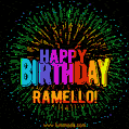A colorful animated GIF featuring the text 'Happy Birthday Ramello!' in rainbow colors with a dynamic iridescent firework display in the background.