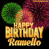 A captivating GIF with bursts of green, pink, and orange fireworks lighting up the night sky, accompanied by 'Happy Birthday Ramello' in glowing golden text.