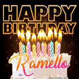 A vibrant animated GIF featuring a delicious birthday cake topped with glowing candles and the name 'Ramello' in elegant script, and the words 'Happy Birthday' on the black background.