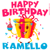 A funny animated birthday GIF with the words 'Happy Birthday Ramelloa', colorful gift box with arms and legs, holding a cupcake with a lit candle  with confetti everywhere.