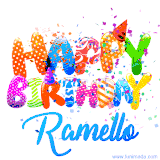 Animated GIF with colorful, festive 'Happy Birthday Ramello' text decorated with patterns, a party hat, and falling confetti. A vibrant and cheerful design for birthday celebrations.