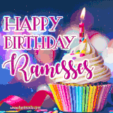 A festive animated GIF featuring a colorful cupcake with a single lit candle, sprinkles, and 'Happy Birthday Ramesses' text against a sparkling, celebratory background.
