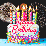 A lively happy birthday animated GIF showcasing a colorful birthday cake covered in sprinkles, topped with glowing candles, and surrounded by vibrant fireworks. The name 'Ramesses' is featured in elegant script.