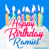 A cheerful animated GIF featuring colorful lit birthday candles on a white cake, with the text 'Happy Birthday Ramiel' in bold red and blue script on a bright blue background.