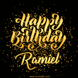 Animated GIF with colorful, festive 'Happy Birthday Ramiel' text decorated with patterns, a party hat, and falling confetti. A vibrant and cheerful design for birthday celebrations.
