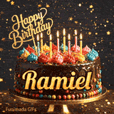 Bold golden lettering spelling Ramiel on a gourmet chocolate cake decorated with small colorful candies at the base.