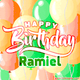 Animated GIF featuring colorful balloons in the background with the cheerful text 'Happy Birthday Ramiel'.
