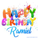 Animated GIF with colorful, festive 'Happy Birthday Ramiel' text decorated with patterns, a party hat, and falling confetti. A vibrant and cheerful design for birthday celebrations.