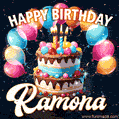 Hand-drawn happy birthday cake adorned with an arch of colorful balloons - name GIF for Ramona