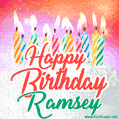 Happy Birthday GIF for Ramsey with Birthday Cake and Lit Candles