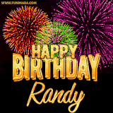 A golden 'Happy Birthday Randy' message with vibrant fireworks in the background, creating a festive and celebratory vibe in this animated name GIF.