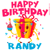 A vibrant and funny gift box character with a happy face dancing with a cupcake and the text 'Happy Birthday Randy,' surrounded by animated confetti and party vibes.