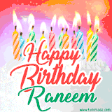 Bright birthday candles with rainbow flames on a cake, alongside the text 'Happy Birthday Raneem' in vibrant script in this celebratory animated GIF.