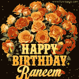 Animated bouquet of orange roses with moving butterfles and golden 'Happy Birthday Raneem' text, surrounded by sparkling accents and a dark backdrop for a luxurious feel.