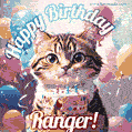 Happy birthday gif for Ranger with cat and cake