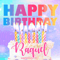 Animated Happy Birthday Cake with Name Raquel and Burning Candles