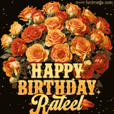 Animated bouquet of orange roses with moving butterfles and golden 'Happy Birthday Rateel' text, surrounded by sparkling accents and a dark backdrop for a luxurious feel.