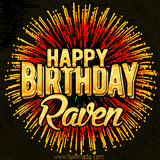 Golden 'Happy Birthday Raven' text accompanied by animated rainbow fireworks for a festive animated greeting.