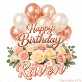 Happy Birthday Raven animated greeting card with a gorgeous floral arrangement