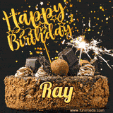 Animated GIF featuring the text 'Happy Birthday Ray' written in glittering gold above the luxurious chocolate birthday cake adorned with truffles, gold stars, and sparklers.