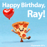 Modern fun Happy Birthday Ray animated e-card with a smiling pizza holding a balloon