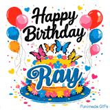 A personalized birthday cake with white icing, bright flowers, and colorful balloon bundles for Ray's celebration.