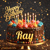 Animated card of a gourmet chocolate birthday cake with the name Ray and glowing candle flames.