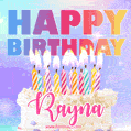 Animated Happy Birthday Cake with Name Rayna and Burning Candles