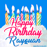 A cheerful animated GIF featuring colorful lit birthday candles on a white cake, with the text 'Happy Birthday Rayquan' in bold red and blue script on a bright blue background.