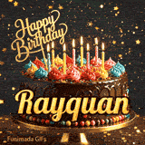 Bright candles flickering on a festive chocolate cake with the name Rayquan displayed in golden letters.