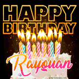 A vibrant animated GIF featuring a delicious birthday cake topped with glowing candles and the name 'Rayquan' in elegant script, and the words 'Happy Birthday' on the black background.
