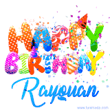 Animated GIF with colorful, festive 'Happy Birthday Rayquan' text decorated with patterns, a party hat, and falling confetti. A vibrant and cheerful design for birthday celebrations.