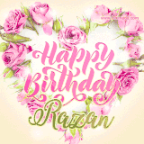 A stunning heart made of pink roses surrounds the elegant script text 'Happy Birthday Razan' on a soft beige background. Animated sparkles add a magical and festive feel.
