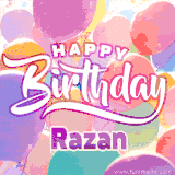 A vibrant name GIF featuring colorful balloons in shades of pink, orange, and yellow with the bold text 'Happy Birthday Razan' in festive fonts, creating a lively birthday vibe.