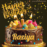 A delightful chocolate birthday cake with bright candles and 'Happy Birthday Raziya' written in gold amidst a shower of animated stars.