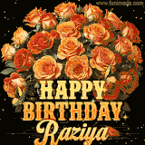 Animated bouquet of orange roses with moving butterfles and golden 'Happy Birthday Raziya' text, surrounded by sparkling accents and a dark backdrop for a luxurious feel.