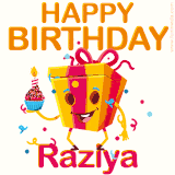 A vibrant and funny gift box character with a happy face dancing with a cupcake and the text 'Happy Birthday Raziya,' surrounded by animated confetti and party vibes.