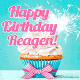 A festive cupcake with pink icing, a gingham bow, and a lit animated sparkler, paired with 'Happy Birthday Reagen!' in bright pink text.