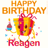 A vibrant and funny gift box character with a happy face dancing with a cupcake and the text 'Happy Birthday Reagen,' surrounded by animated confetti and party vibes.
