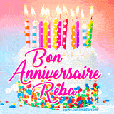 A white birthday cake covered in colorful sprinkles, topped with bright candles, and French text 'Bon Anniversaire Reba' on a pastel gradient background in an animated GIF.