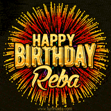 Golden 'Happy Birthday Reba' text accompanied by animated rainbow fireworks for a festive animated greeting.