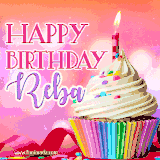 A vibrant birthday GIF featuring a rainbow-colored cupcake topped with white frosting, sprinkles, and a lit candle. The text reads 'Happy Birthday Reba' in bold pink and violet letters with white outline.