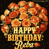 Animated bouquet of orange roses with moving butterfles and golden 'Happy Birthday Reba' text, surrounded by sparkling accents and a dark backdrop for a luxurious feel.