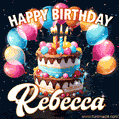 Hand-drawn happy birthday cake adorned with an arch of colorful balloons - name GIF for Rebecca