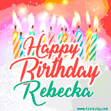 Bright birthday candles with rainbow flames on a cake, alongside the text 'Happy Birthday Rebecka' in vibrant script in this celebratory animated GIF.