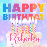 A vibrant animated name GIF with the words 'Happy Birthday Rebecka' with colorful candles on a creamy cake. The background sparkles with pastel shades, adding a festive touch.